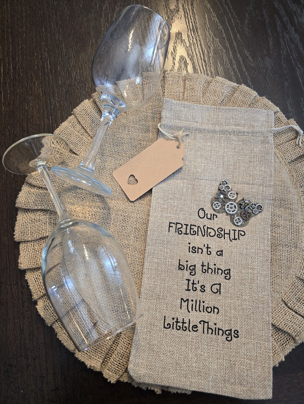 🍷Handmade Burlap Wine Gift Bag - "Our Friendship" Perfect Gift! 🦋